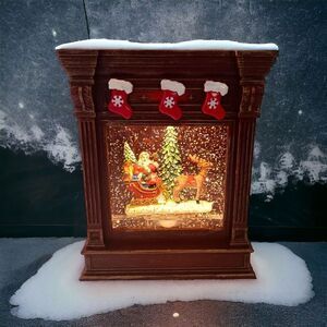 Fireplace Lighted Snow Globe LED Santa Sled Mantel Reindeer Y2K Christmas Winter